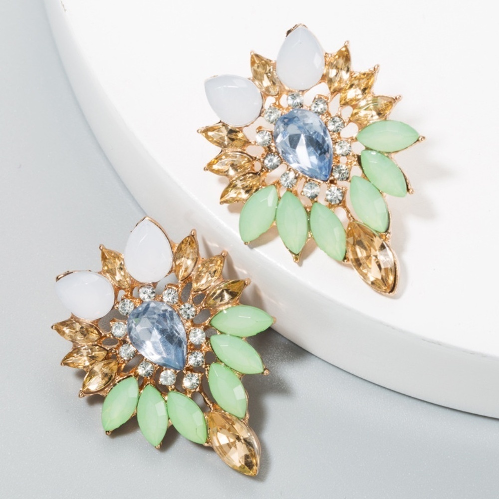 *REECE* Green Flower Pattern Rhinestone Earrings